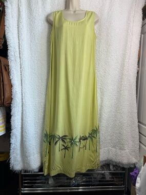 Green Sleeveless Tank Maxi Dress with Palm Border 100% Rayon Lightweight Elegant